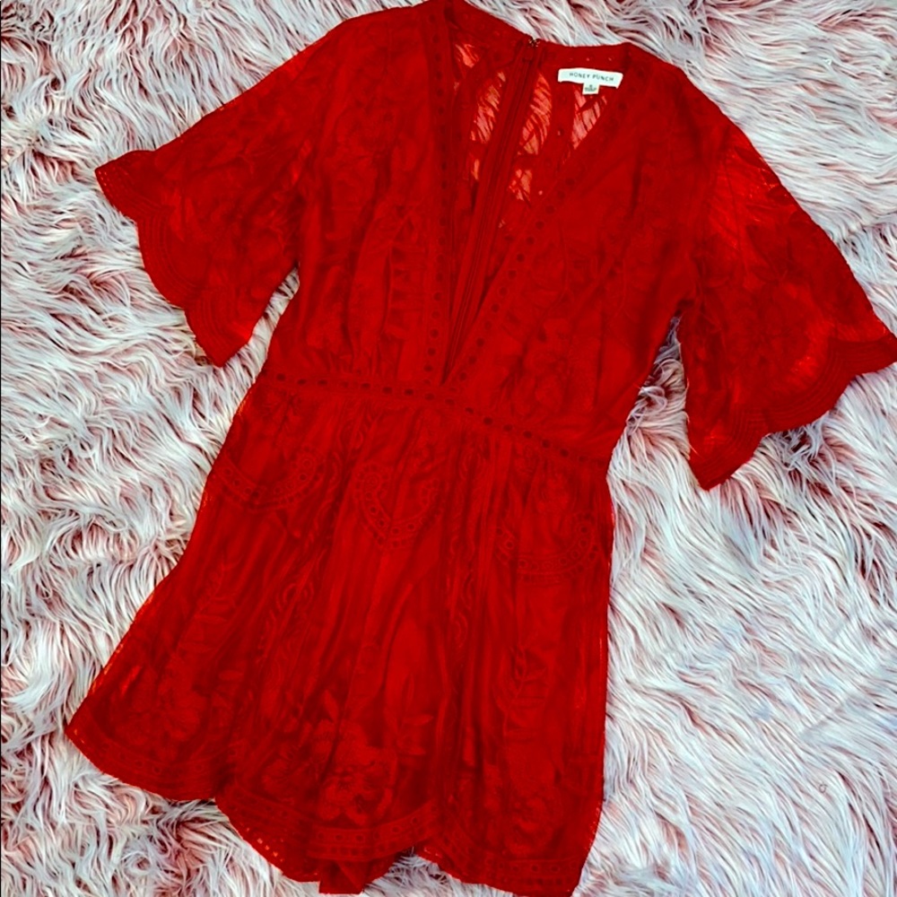 Honey Pinch Red Lace Romper - Picture 2 of 9